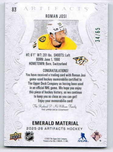 25/26 2025 UPPER DECK ARTIFACTS ROMAN JOSI #83 EMERALD DUAL JERSEY/PATCH /65 - Bild 2 von 2