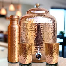 Handmade 100% Pure Copper Dispenser Water Pitcher Pot 4L With 2 Glass 1 Bottle