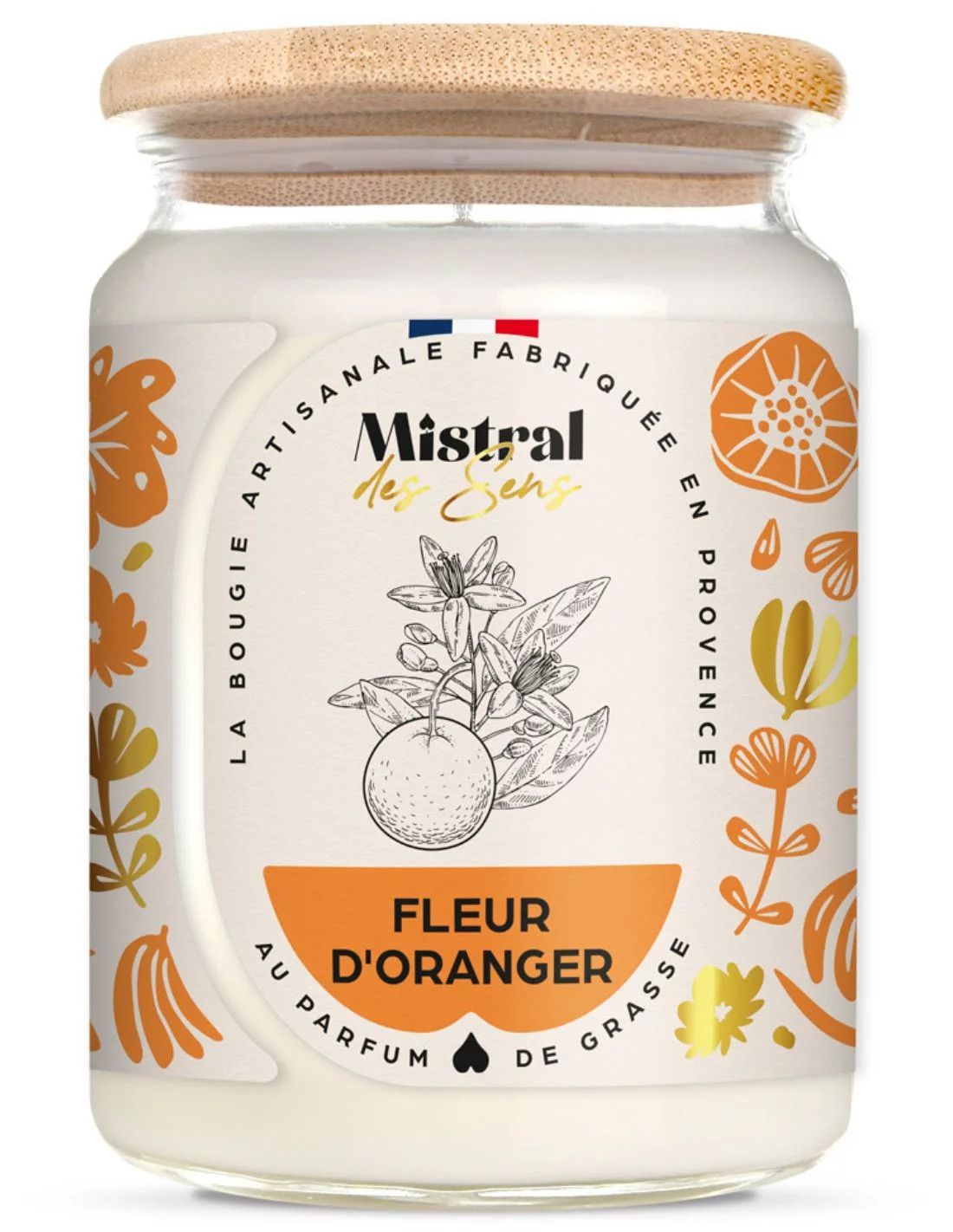 Bougie artisanale fleur d'oranger 150h anti odeurs maison parfum durable sans fumée