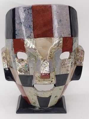 Vintage Mexican Mosaic Stone Mask Aztec Teotihuacan Style Abalone Inlay 8.5''