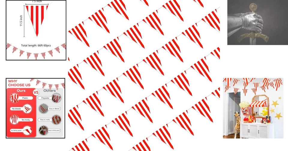 Очаровательный красно-белый карнавальный вымпел баннер - треугольный декор для вечеринки - 66 футов - Изображение 2 из 4