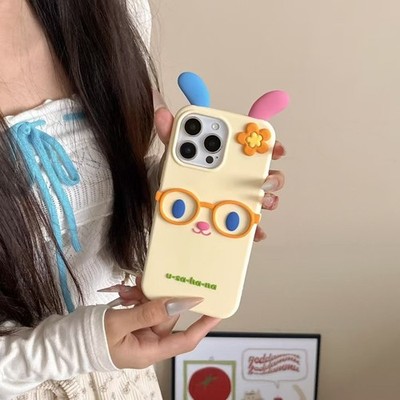 Cute 3D Glasses Bunny Flower Silicone Case for iPhone 13-17 Pro Max Shockproof