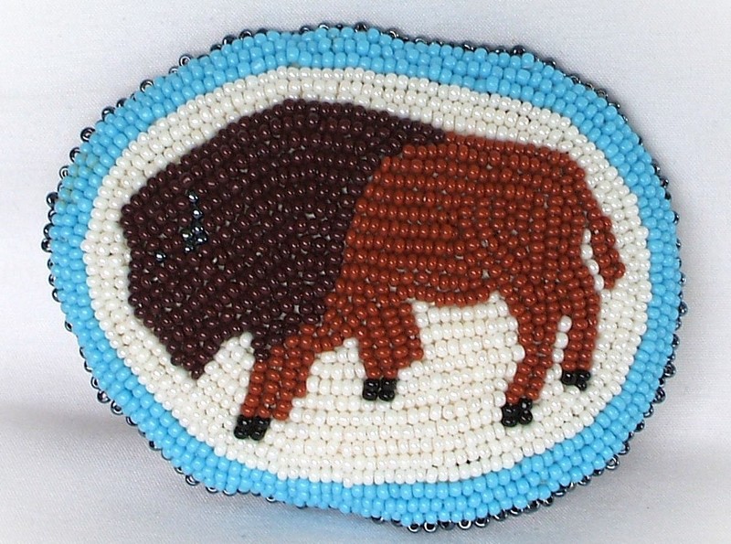 Vintage Native American Beaded Bison/Buffalo Hair Clip Barrette Leather Back VGC