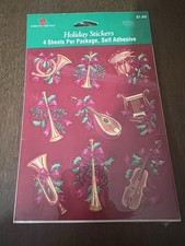 Vintage American Greetings Stickers Christmas Instruments Holly 4 Sheets NOS new