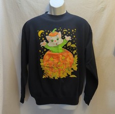 Vintage 90s Whimsical Halloween Sweatshirt Sz Large Black Pumpkin Cat Star Moon