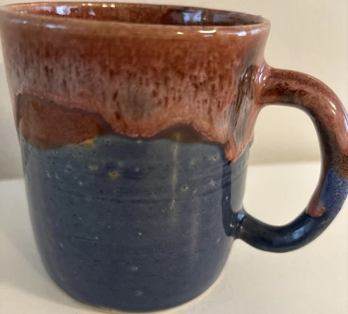 Studio Pottery Large Coffee / Tea Mug Cup Brown Drip Glaze On Blue signed 16 Oz