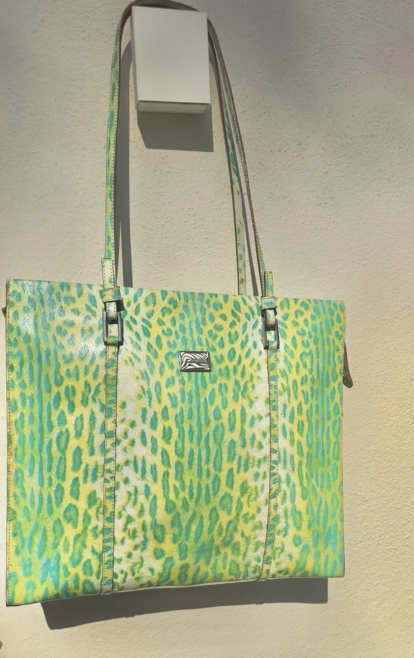 Roberto Cavalli Bag Borsa Green Leopard Leather Tote Top Medium Handbag Purse - Image 3 of 4