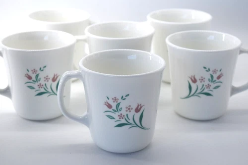 6 Corningware Coffee Cups Corelle Rosemarie Pink Tulips 1990's M'Wave OK  Mugs