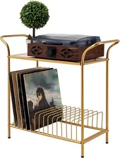 2-Tier Brass Metal Record Player Stand and LP Vinyl Album Storage Rack w/ Shelf