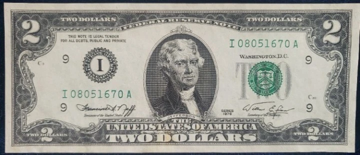 1976 FEDERAL RESERVE NOTE UNITED STATES TWO DOLLARS SERIES 1976 I08051670A - Image 2 of 3