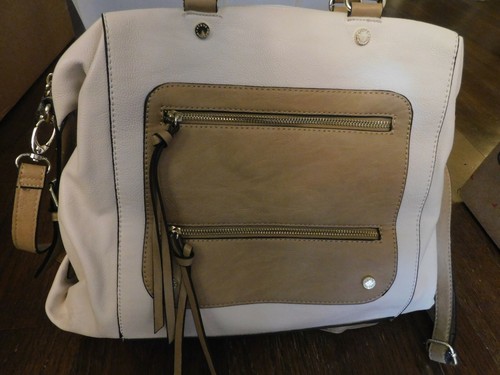 Steve Madden Lg Shopper Ivory Tan Trim Pebbled Hobo Tote bag Crossbody Nice! - Picture 5 of 12