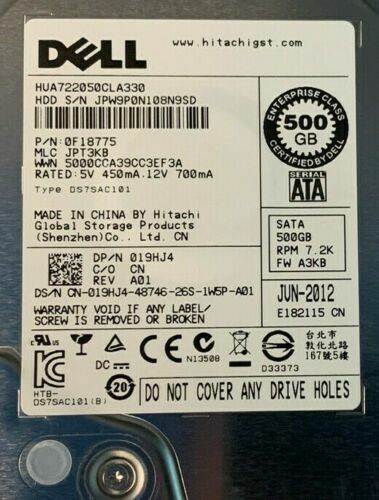 Dell 019HJ4 19HJ4 500GB 3Gbps 7200 RPM 3.5" SATA LFF HDD 0F18775 HUA722050CLA330 - Picture 2 of 2