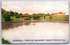 Moline Illinois~Prospect Park View Across Water~Pavilion in Bkgd~c1910 Postcard