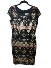 JOSEPH RIBKOFF Aztec Sequin Pencil Dress Size 8 Black Gold Knee Length Occasion