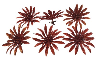 6 Vintage Christmas Clip On Ornaments Red Glitter Poinsettias 3.5 