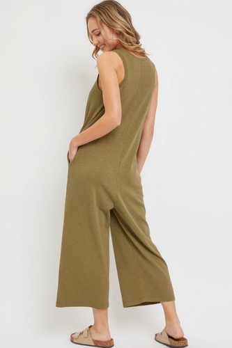 Women's Scoop Neck Buttondown Wide-leg Jumpsuit Sleeveless Pocket Loose Lounge - Picture 13 of 22