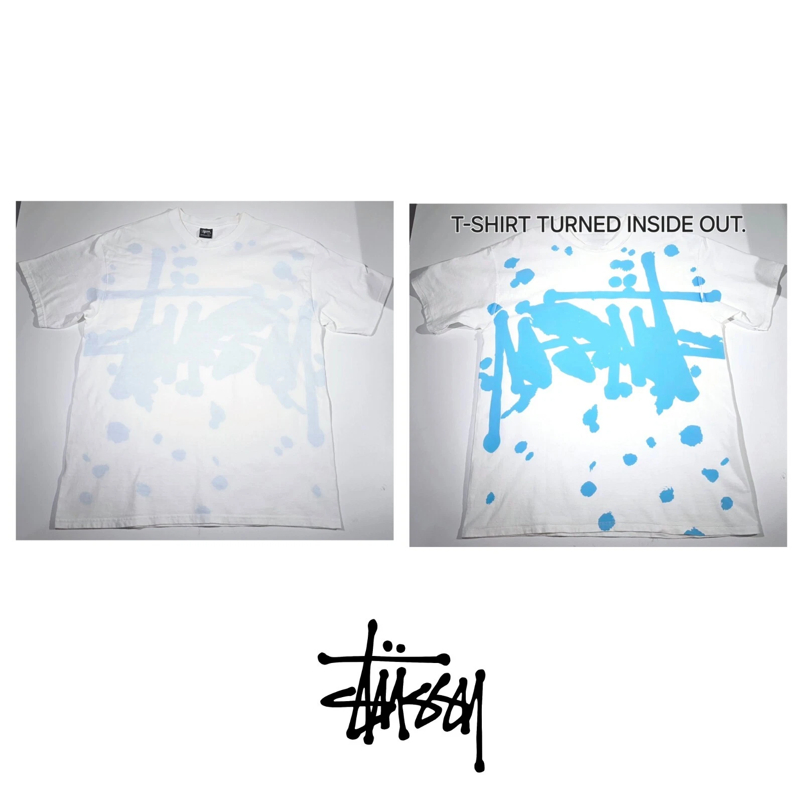 Stussy Reverse Dye Paint Splatter Logo Blanc Bleu T Shirt Suprême Undftd Homme L