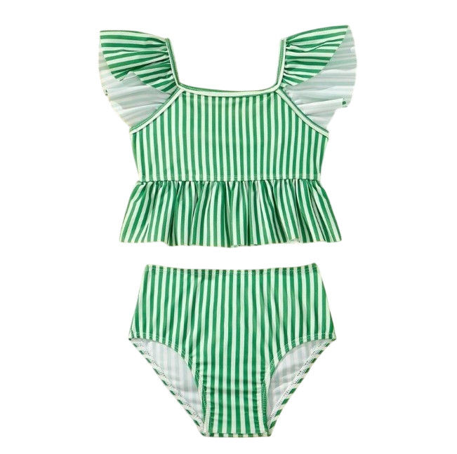GIRLS 4 NWT GREEN STRIPE RUFFLE SHOULDER 2 PIECE BIKINI