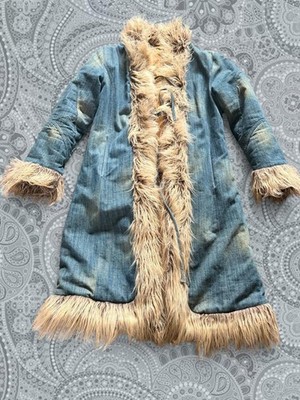 Insane Vintage 90s Y2K Long Distressed Denim Afghan Coat Penny Lane Hippie Boho