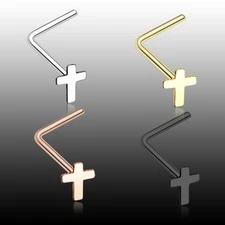 Dainty Cross Icon L-Shaped Nose Ring Black Silver Rose Gold Stud Bone Christ
