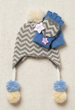 Toby & Me Gray, white & blue set hat cap gloves & mittens Age 7 - 14 girls' Kids