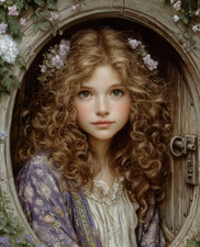 8x10 Cozy Storybook Doll with Curly Hair Art Print Cottagecore - 417291655