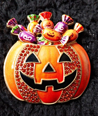 Jack-o'-Lantern Kürbis Brosche Anstecknadel orange Emaille rund rot Kristall Strass