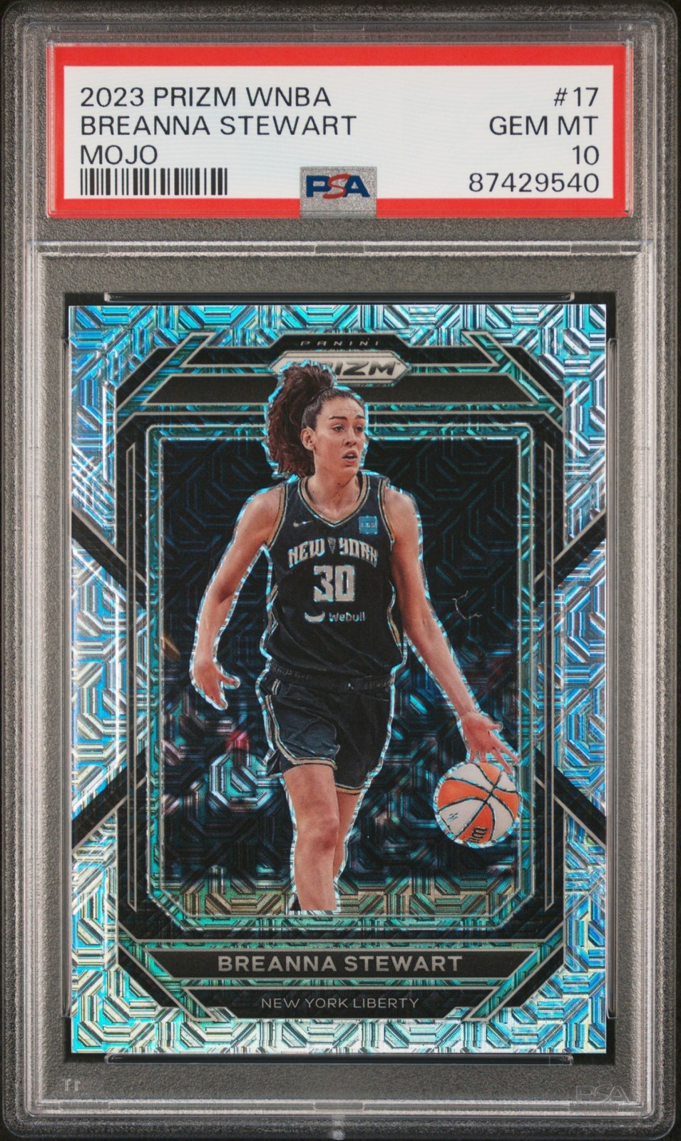 2023-24 Panini Prizm WNBA Breanna Stewart #17 Mojo Prizm 17/25 Liberty PSA 10