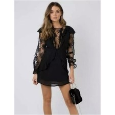 Princess Polly Sheer Lace-Sleeve Ruffle MiniBlack Dress Size 2