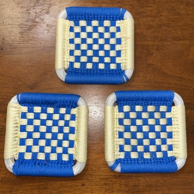 Vtg Macrame Coasters 4'' x 4'' Boho Retro Yacht Blue & Cream Handwoven lot of 3