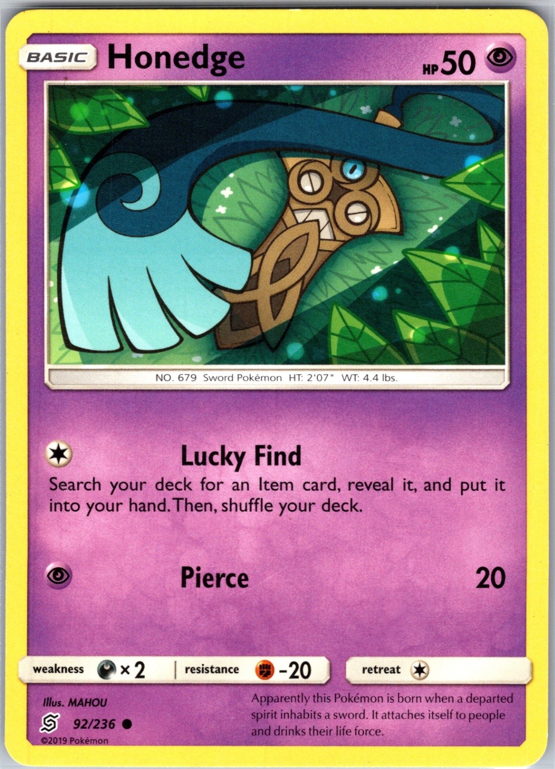Honedge (92) 92/236 Common Regular Card SM - Unified Minds Pokemon TCG LP
