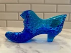A cobalt blue UV Fenton hobnail glass shoe slipper w/sticker & Maker’s Mark.