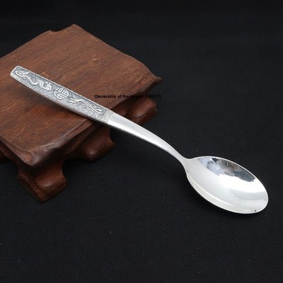 Pure 999 Fine Silver Spoon Healthy Dinnerware Vintage DragonPhoenix Handle Spoon
