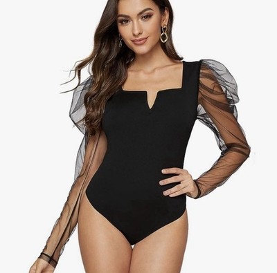 Square Neck Bodysuit with Sheer Sleeves for Women Size XL