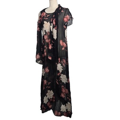 Harari S Two Piece Whimsigoth Maxi Black Floral Sheer Silk Dress and Scarf Set