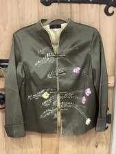 Chinese Mandarin Collar Satin Jacket Olive Green Frog Button Floral Paint Size L