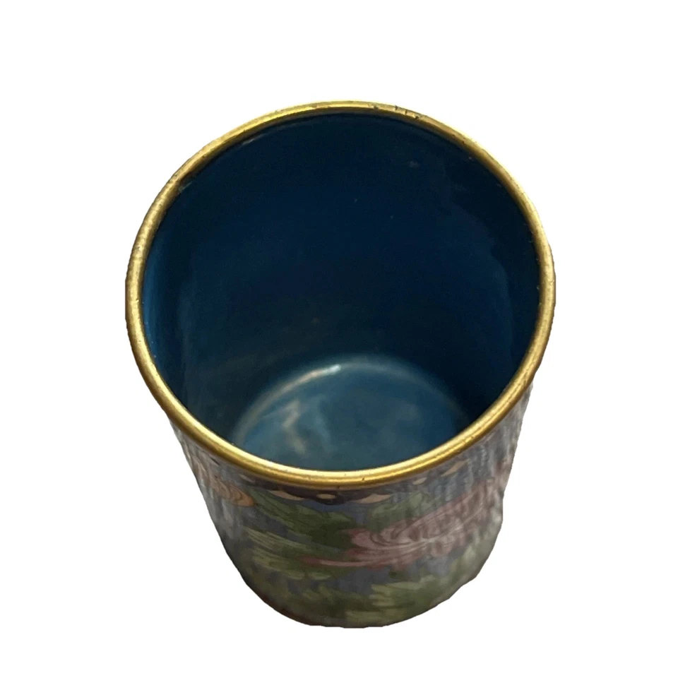 Vintage 4” Cloisonne’ Enamel Brush Holder Green Bird Blue Floral Decorative Vase - Image 3 of 4