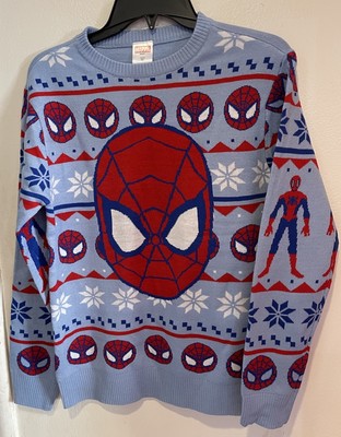 NWT Marvel Spiderman Sweater Boys Size Large Light Blue w/ Snowflakes