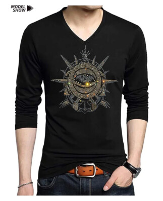 Fashion Trend Stone Rhinestones Streetwear Long Sleeve Luxury Men V-Neck T-Shirt