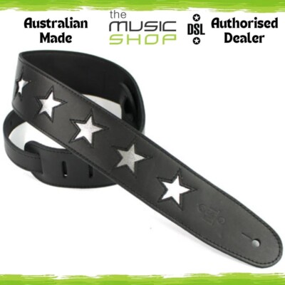 Australian Made DSL Silver Star 2.5'' Black Leather Guitar Strap STAR25-15-SILVER