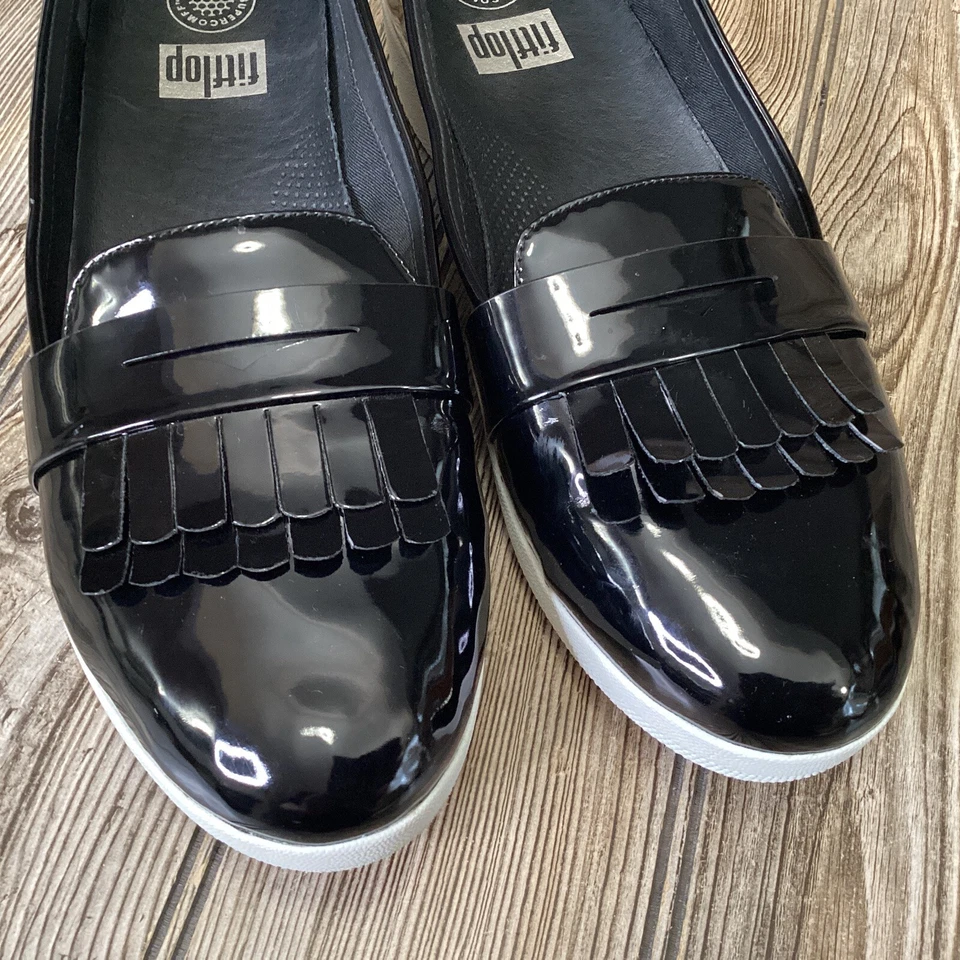 FITFLOP Womens Black Patent Leather Kiltie Fringey Sneaker Loafers Shoes Size 11 - Image 4 of 4