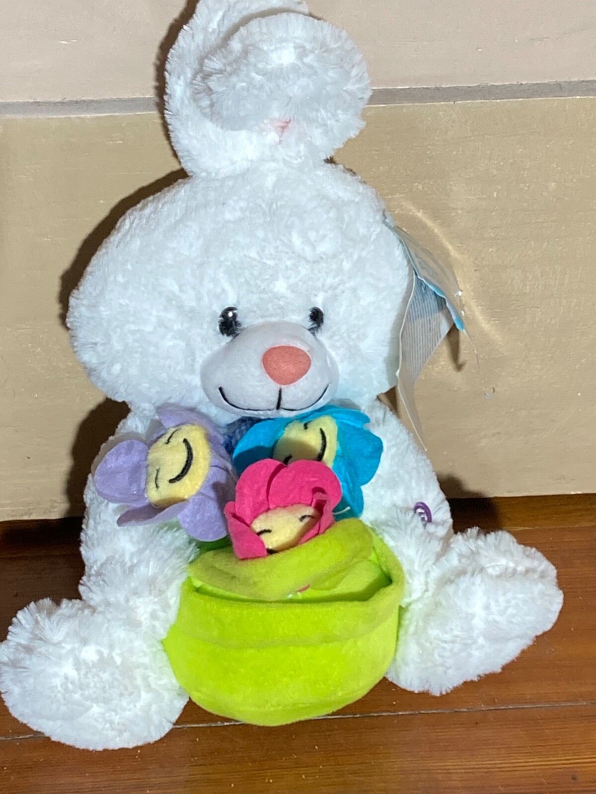 Gemmy Animated White Singing Easter Bunny Holding Basket Stuffed Animal