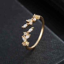 Leaf Inlaid Zircon Open Ring Silver Plated Adjustable Fine Jewelry For Women