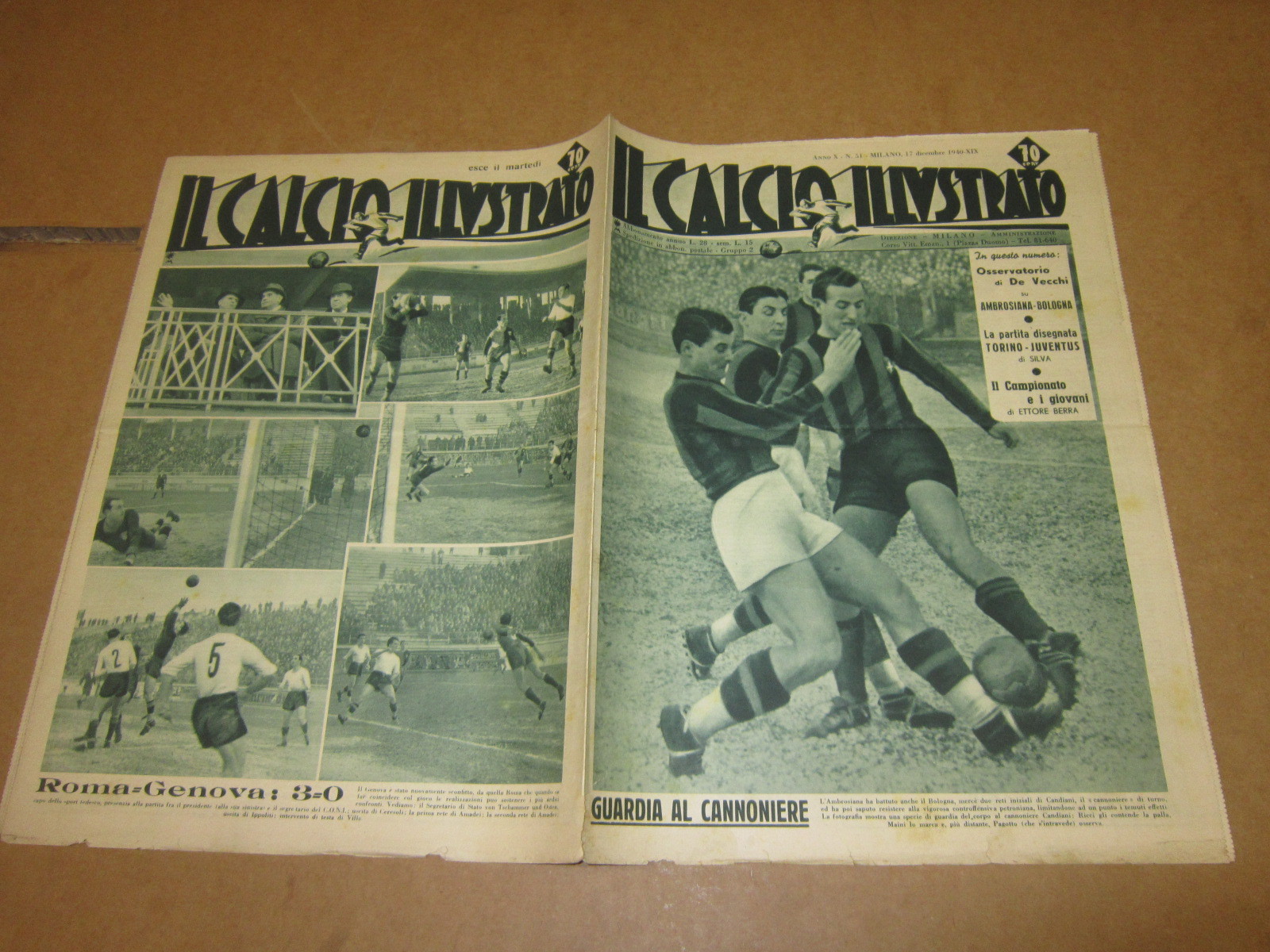 IL SOCCER ILLUSTRATO N°51 DECEMBER 1940 AMBROSIANA-BOLOGNA CANDIANI ROM-GENOVA