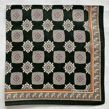 VTG Handkerchief Black Cotton Geometric Brown Border Paisley Pocket Square 16"