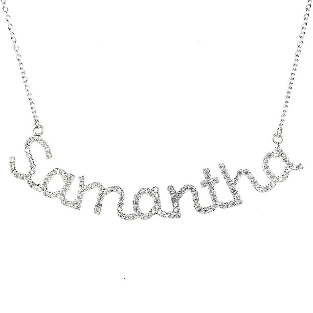 Samantha Crystal Name Plate Bling Necklace Pendent Silver female