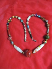 Vintage Chinese export carved stone cinnabar bird flower bead necklace