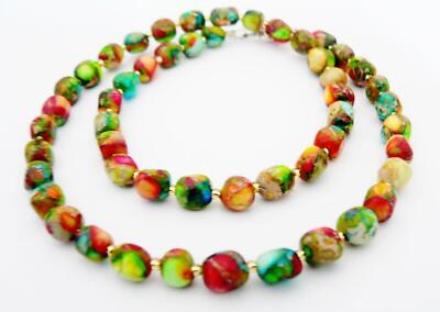 Halskette Schmuck Edelstein Nugget Freeform Sediment Jaspis mehrfarbig bunt 214e