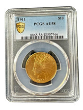1911 $10 Indian Head Gold Eagle Coin PCGS AU58