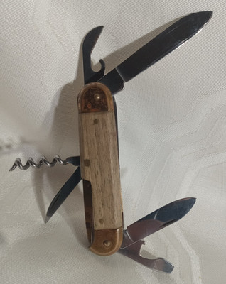 Pocket KNIFE swiss style wood n brass ? handle Sturdy ~ 6 function 16
